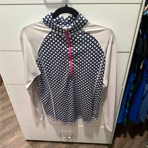 Blue and White Patterned Jacket with Pink Trim